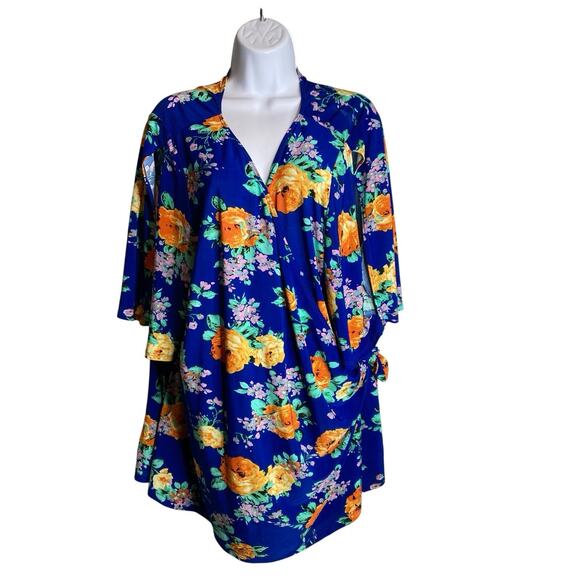 Kiyonna Women's Blue Floral Flowy Wrap Top Size 4X Lagenlook Coastal Fairy Boho - Picture 1 of 8